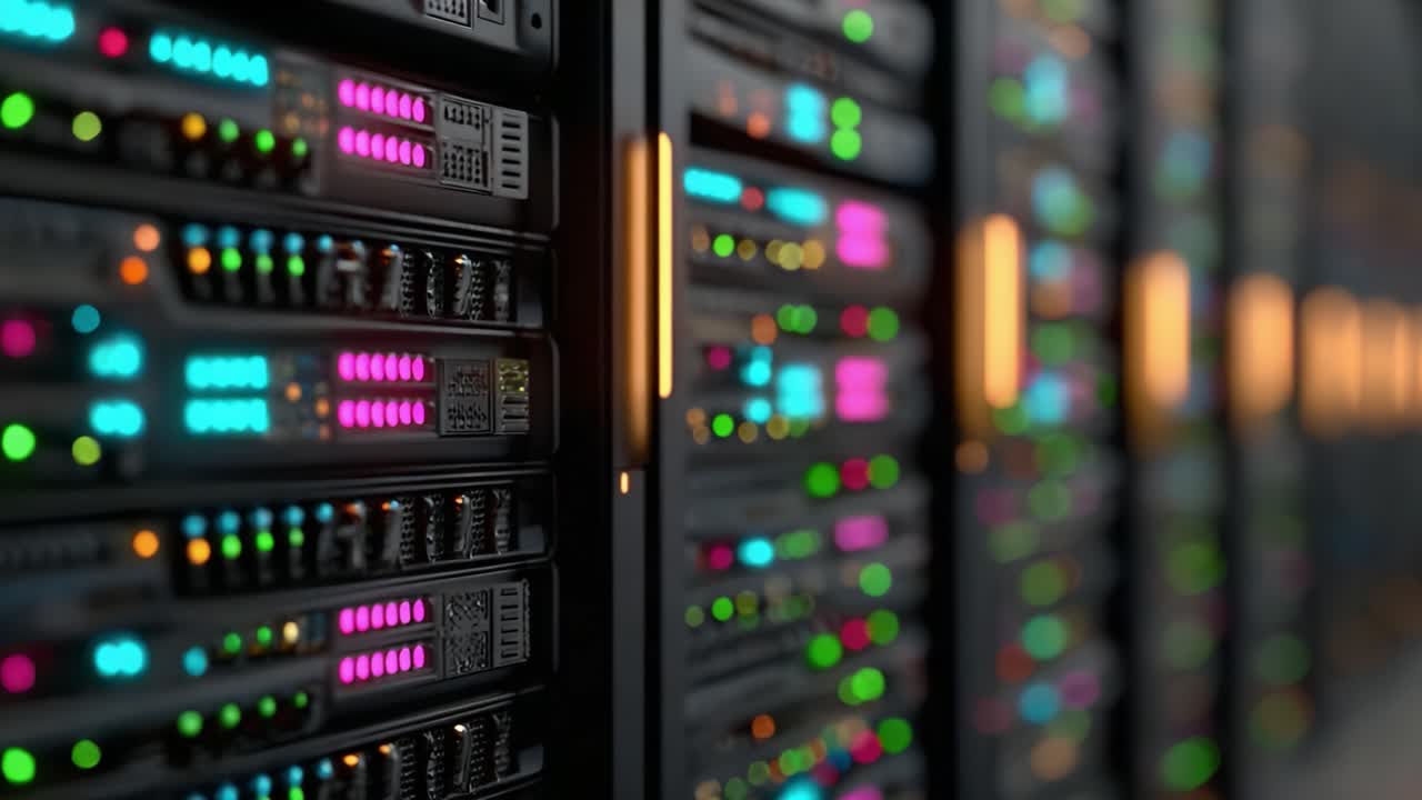 A Close-Up View of a Modern Data Center Rack Filled with Colorful Server Modules and LED Indicators, Showcasing Advanced Technology and Connectivity