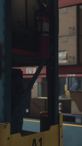 red fire extinguisher on warehouse shelf