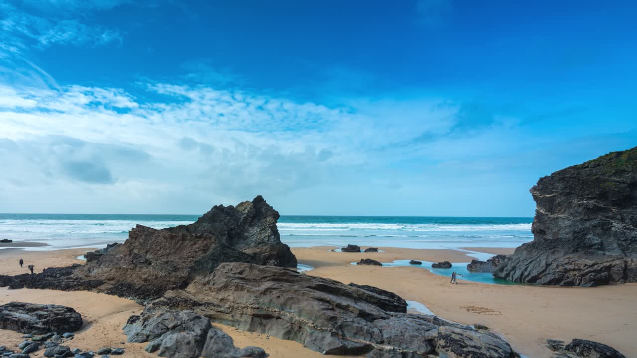 A timelapse of the Carnewas and Bedruthan Steps a stretch of coastline located on the north Cornish coast between Padstow and Newquay, in Cornwall, England, United Kingdom