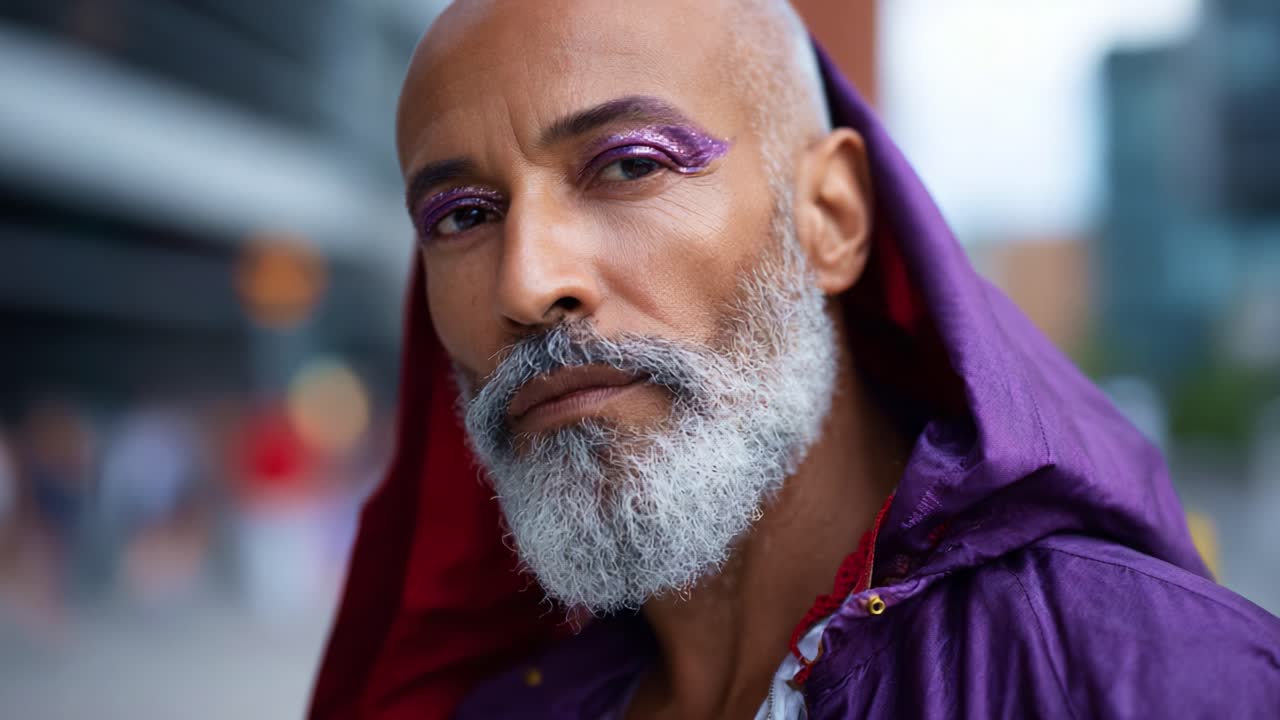 Et slående portræt af en stilfuld person, der viser farverig øjenmakeup og et markant lilla hætteklædt outfit, udstråler selvtillid og karisma i et urbant miljø.
