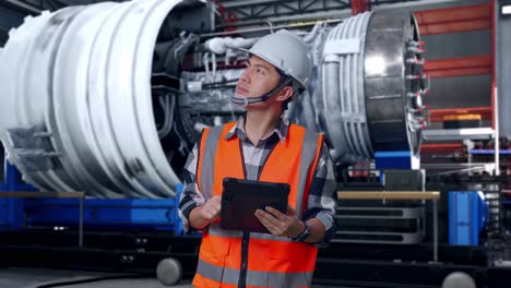 asian male engineer with safety helmet looking at the tablet in his hand and looking around while standing with airplane engine maintenance conducted, analytics checking the turbine