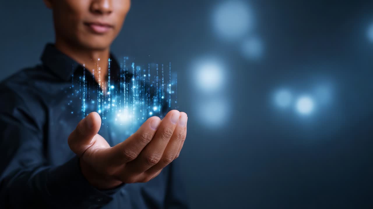 A man in a black shirt holds his hand out, displaying a vibrant digital projection of glowing blue lights and streams of data that represent information flowing towards us in a technological setting