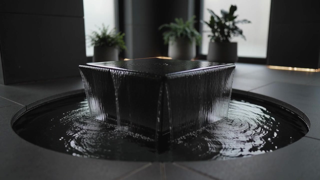 Pump activating, central square fountain pouring water into circular basin in lobby, with plants