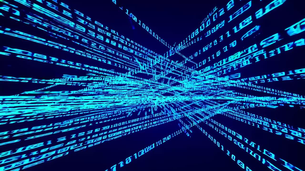 Dynamic video concept with a low-angle view of glowing blue binary code streams