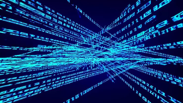 Dynamic video concept with a low-angle view of glowing blue binary code streams
