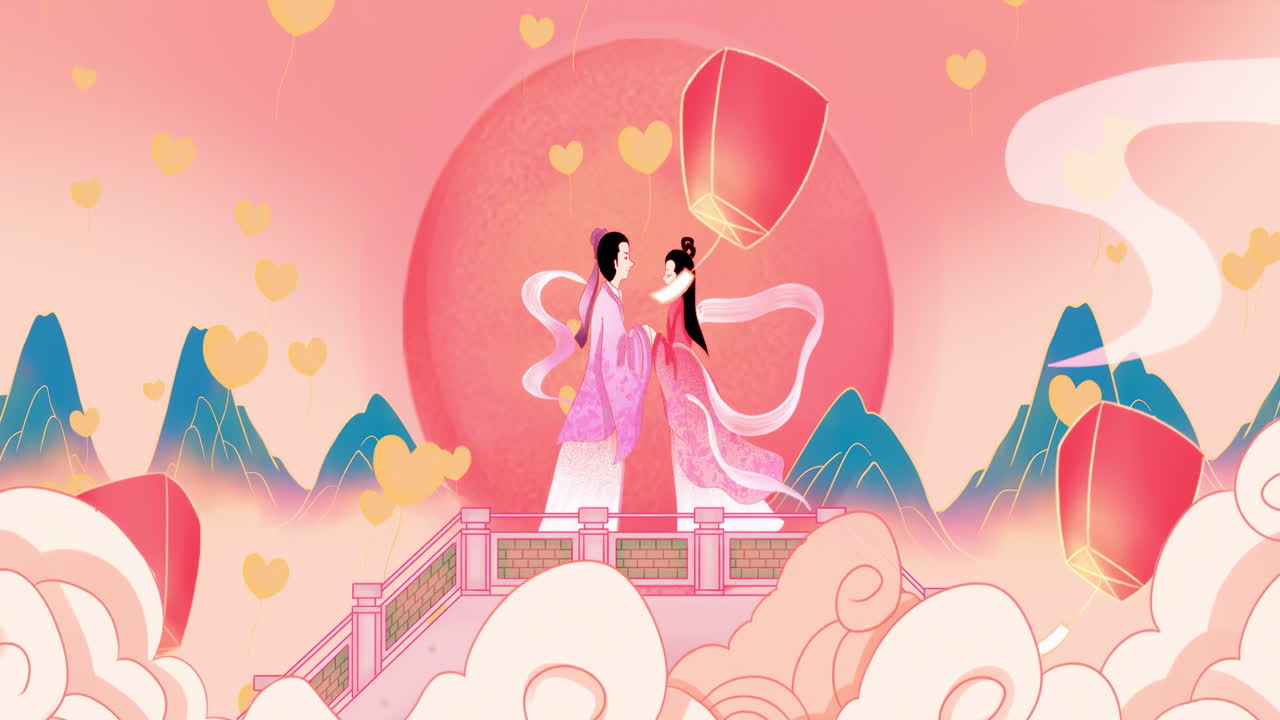 한 커플의 실루이 카우피어드와 웨이버 소녀의 만남을 축하합니다 아름다운 밤 하늘에서 달빛의 다리 위에, 그것은 "중국 발렌타인 데이"라고 쓰여 있습니다.