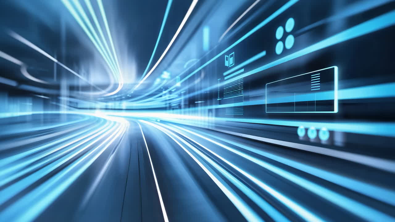 Abstract Blue Light Trails in a Futuristic Digital Tunnel