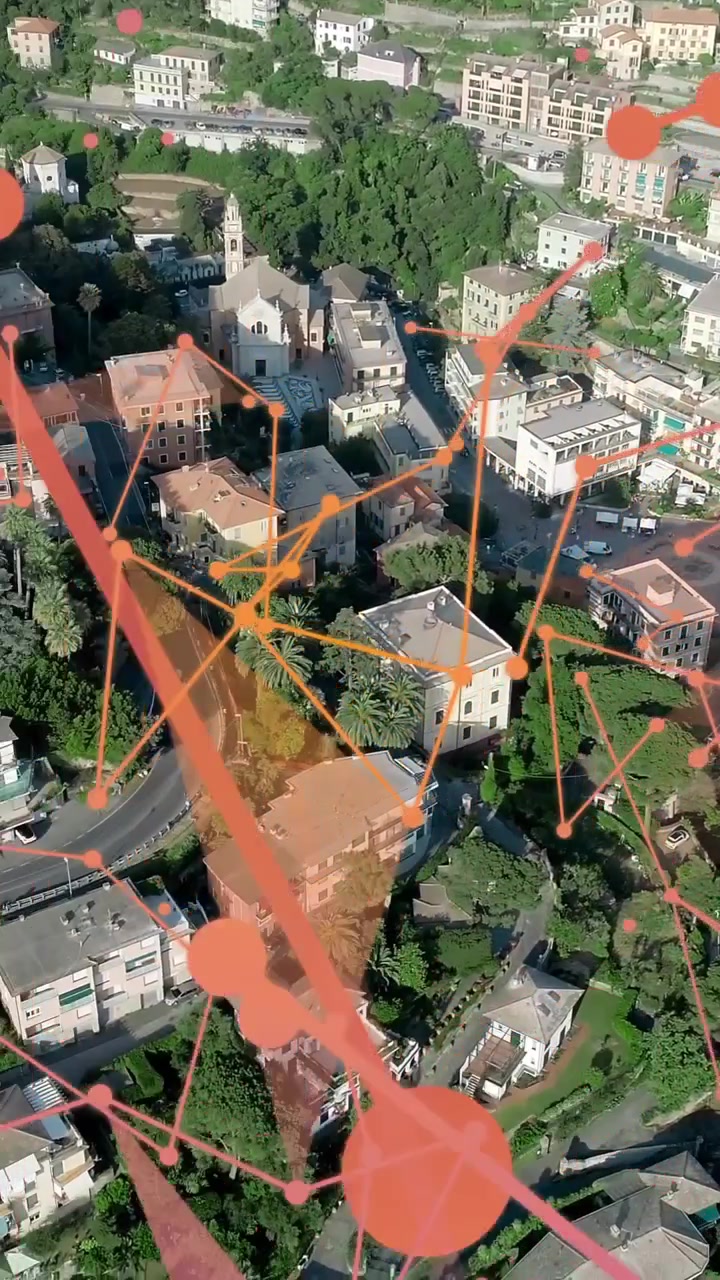 Network of connections and data processing animation over aerial view of town