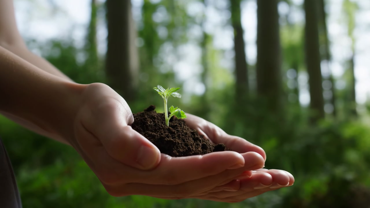 Hands Holding Seedling In Forest, Closeup Of Palms Cradling Moist Soil And Tiny Green Sprout With Sunlit