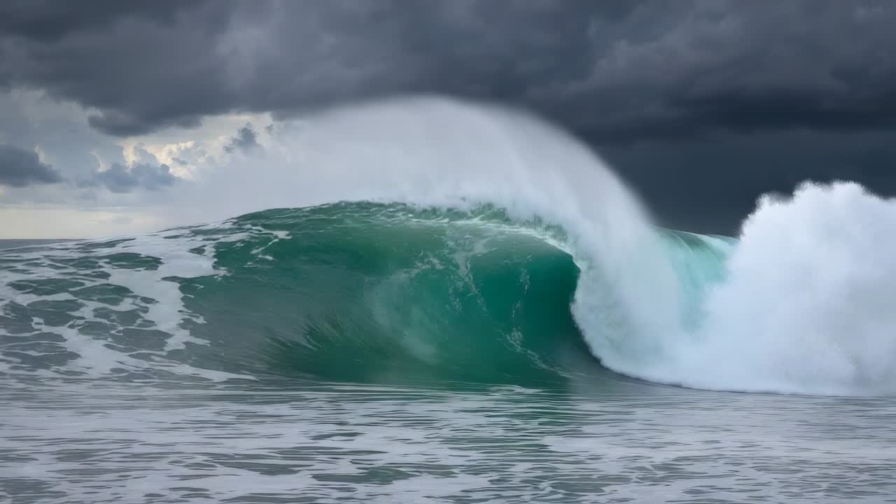 Wind catching rising wave lip, forming curling barrel shoreline under storm clouds, spraying plume