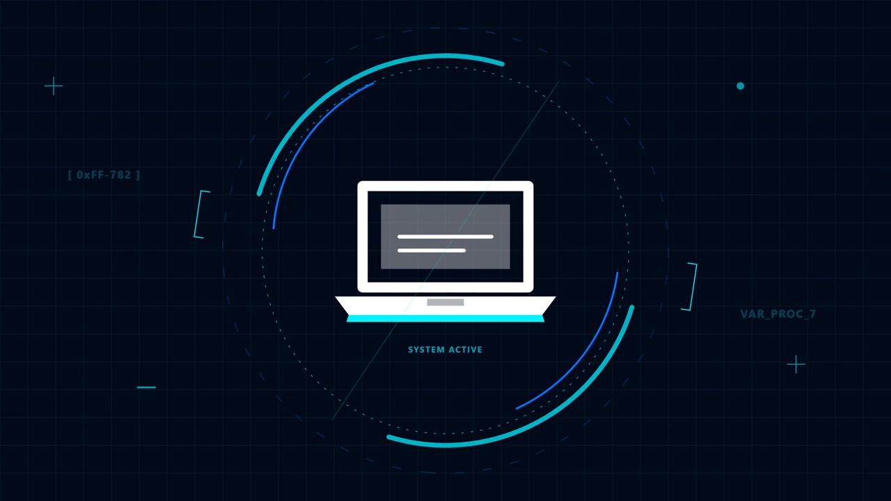 Digital Laptop Icon with Encrypted System Interface Animation