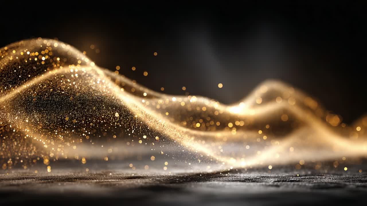 A mesmerizing display of shimmering golden particles gracefully flowing through the air, creating a magical and enchanting atmosphere in elegant curves and waves