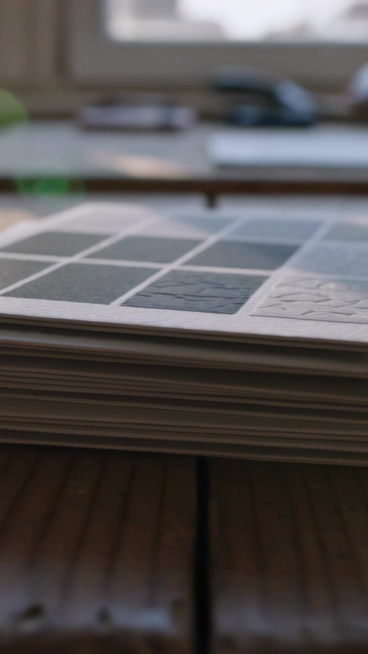 Vertical video: Pulling back, camera revealing stacked sample booklet on wood table showing texture