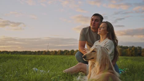 couple and dog enjoying a sunset in the field