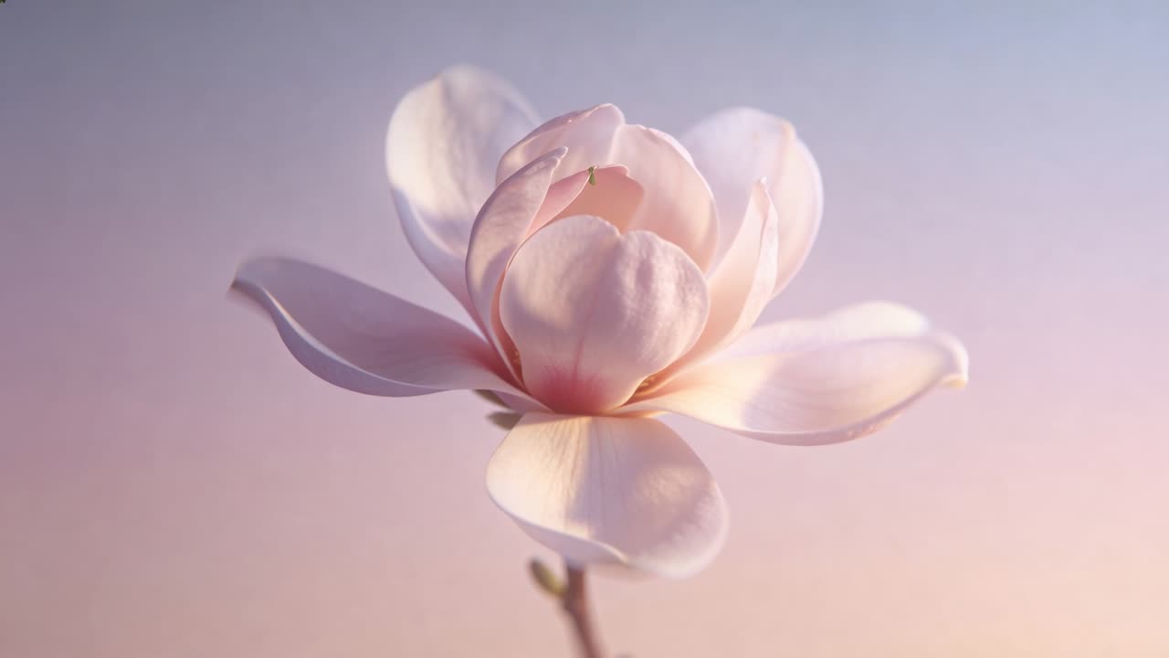 Vertical video: Shifting light causing pink magnolia opening on set showing gold core and thin stem