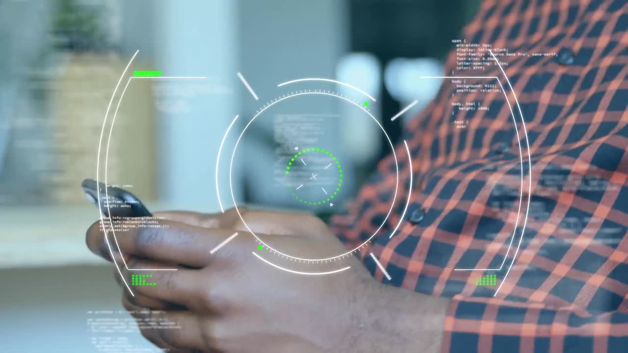 Animation of scope scanning and data processing over businessman using smartphone
