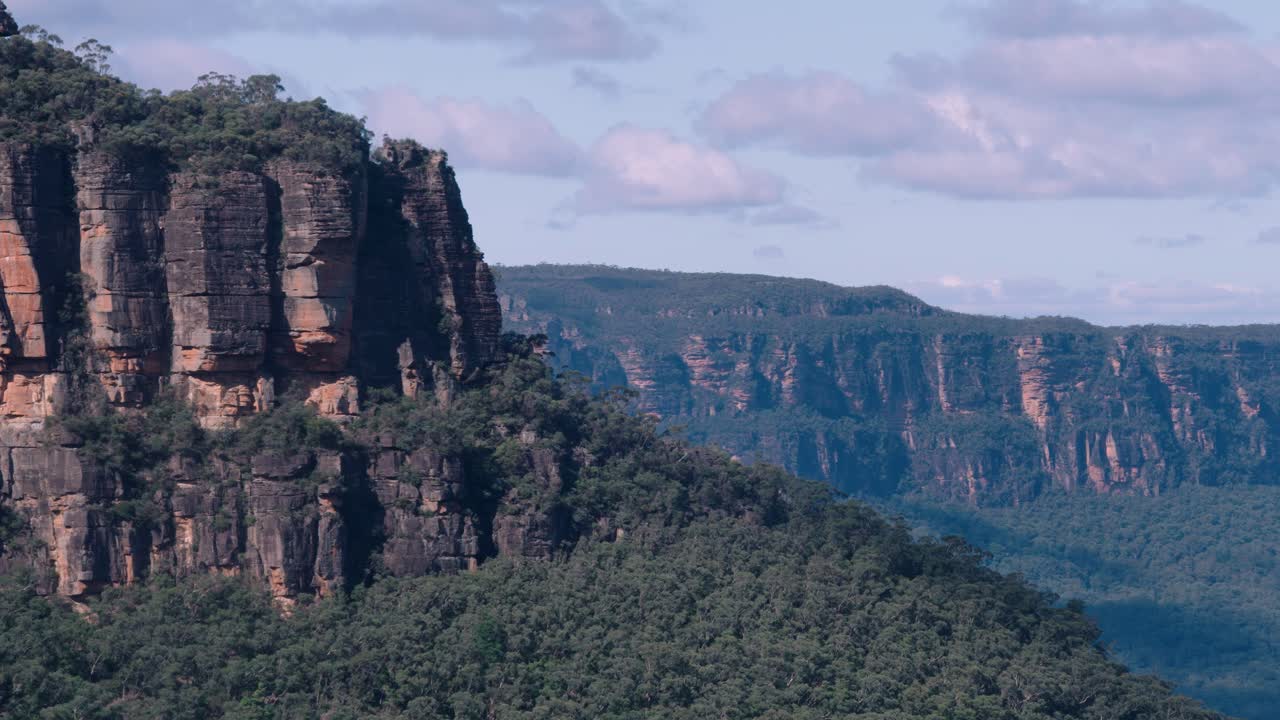 Scenic Sandstone Cliffs In The Blue Mountains National Park In New South Wales, Australia. Aerial Close-up Shot