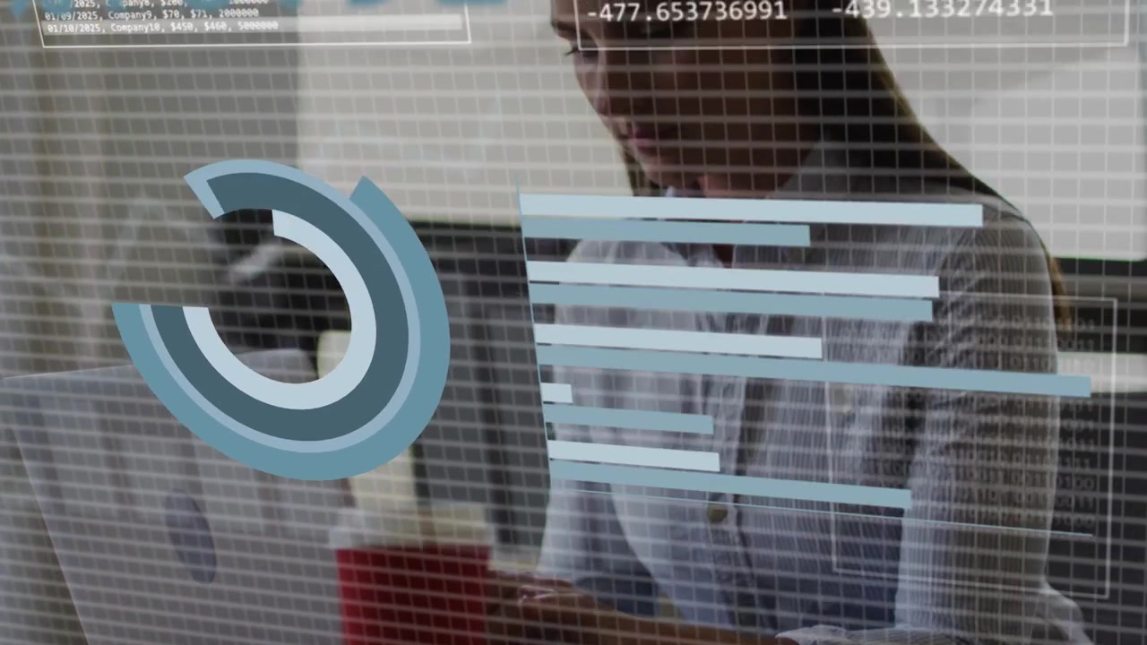 Woman typing at desk, initiating augmented analytics with rotating pie chart analysing data