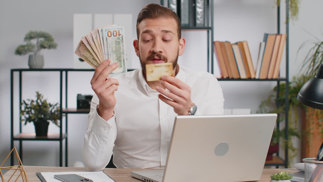 Business man show plastic credit bank card advertising transferring money cashless purchases online