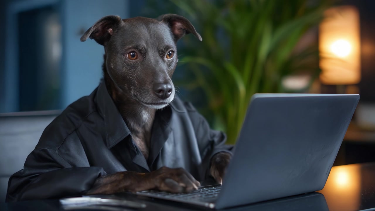 Pilny pies w stylowej czarnej koszuli siedzi uważnie przy laptopie, pogrążony w pracy, ukazując unikalne połączenie humoru i profesjonalizmu w tej uroczej scenie