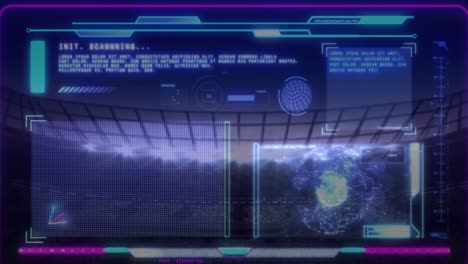 animación del procesamiento de datos de la interfaz sobre un estadio deportivo iluminado