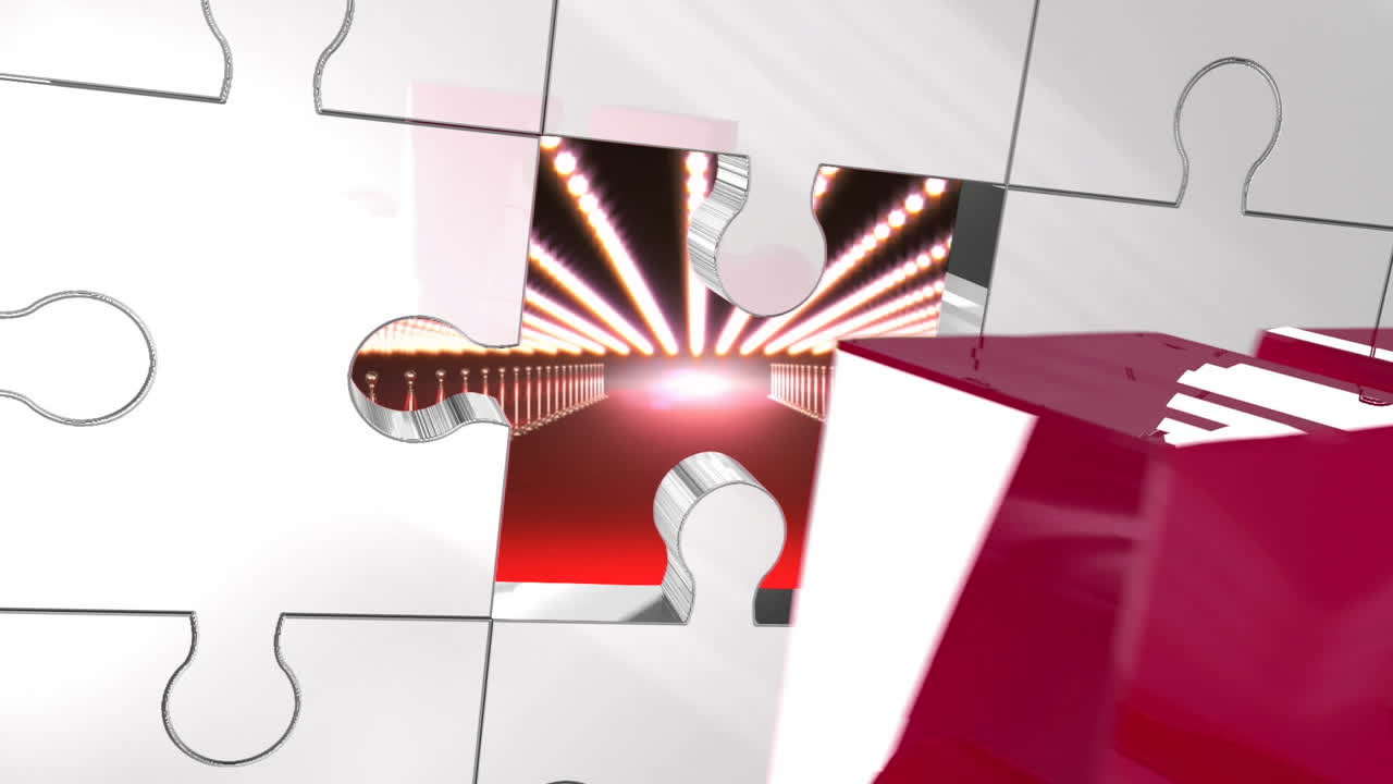 animación de la pieza de rompecabezas de desbloqueo de llave sobre el lugar de la alfombra roja iluminada