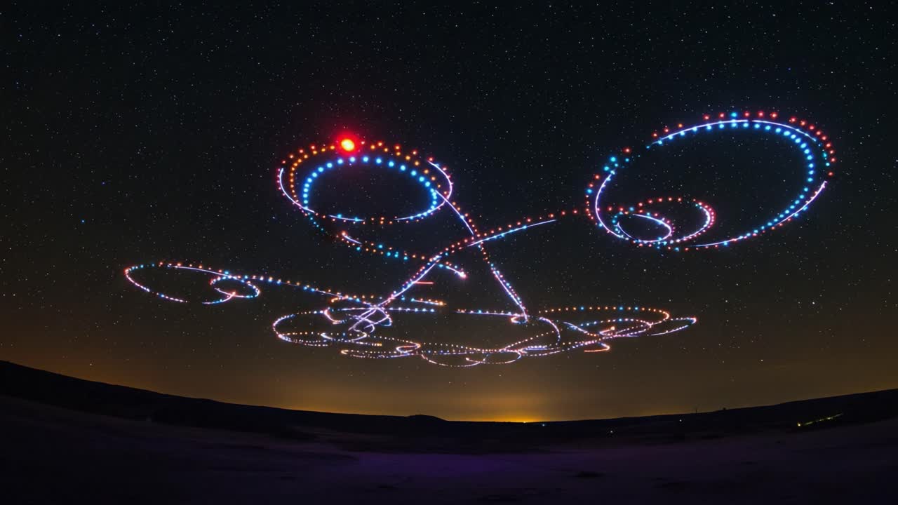 Captivating Light Patterns in the Night Sky: A Stunning Display of Drone Maneuvers Creating Spirals and Circles Illuminating the Stars Above