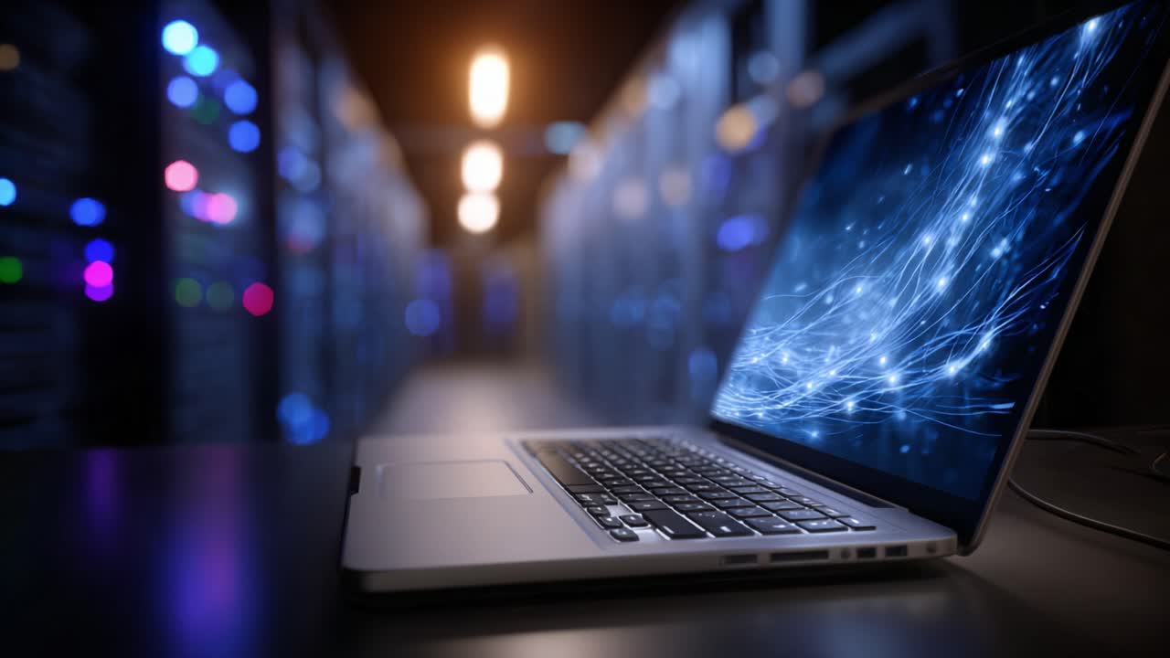 A sleek laptop showcases vibrant digital patterns in a data center, illuminated by glowing server lights, highlighting technology and connectivity in modern computing