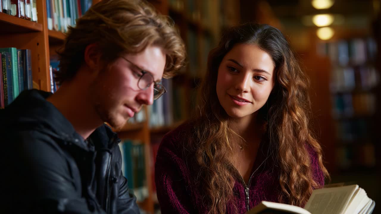 Engaging Conversation in a Library: Two Students Discussing a Book, Exploring Ideas in a Cozy Academic Environment Filled with Shelves of Literature