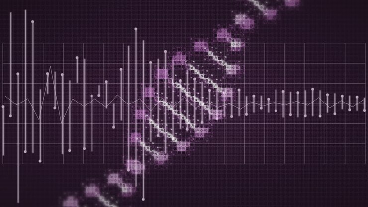Animation of DNA strain spinning with sound waves going up and down on purple background