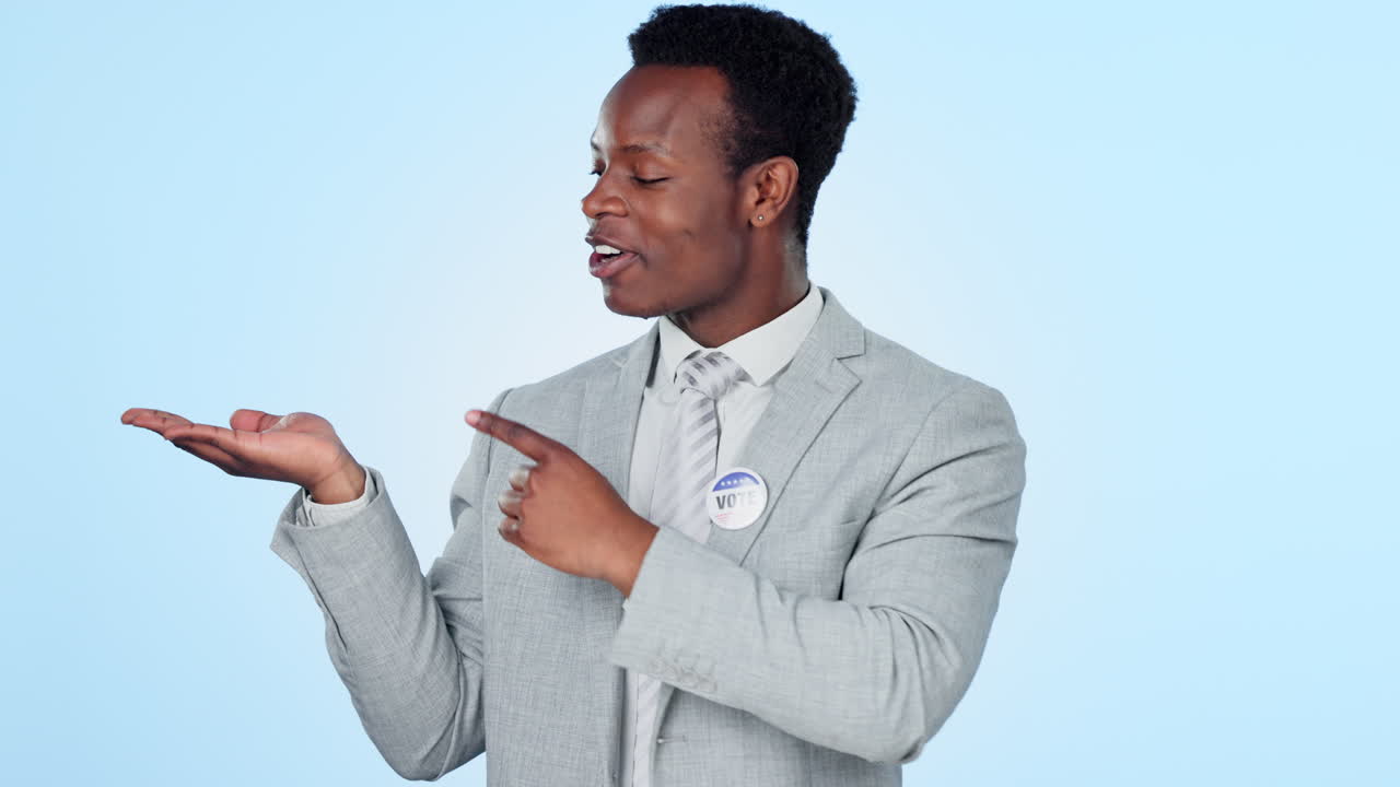 Black man, face and hand pointing in studio