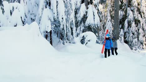 couple with snowboard walking snow 4k