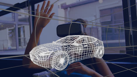 Animation-of-digital-3d-drawing-of-car-over-woman-using-vr-headset