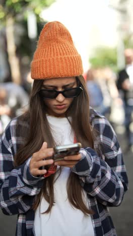 teenage girl using smartphone in city