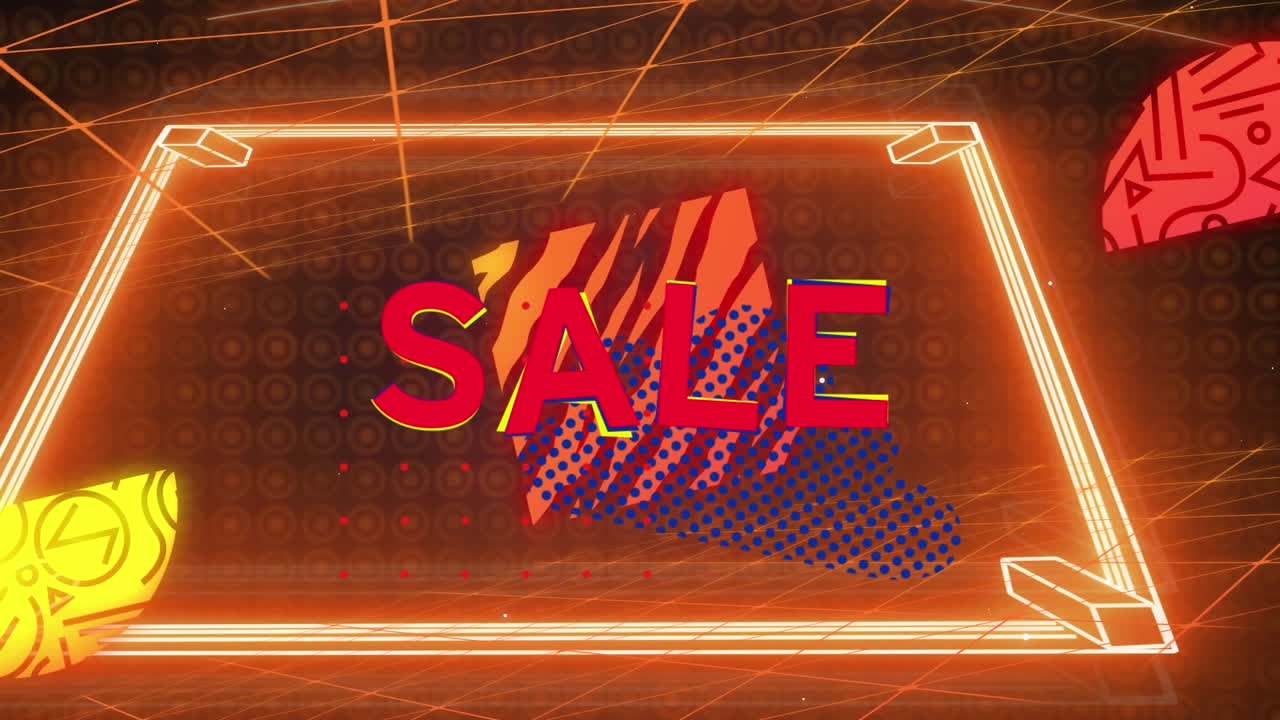 검은색 배경에 판매 텍스트와 모양의 애니메이션