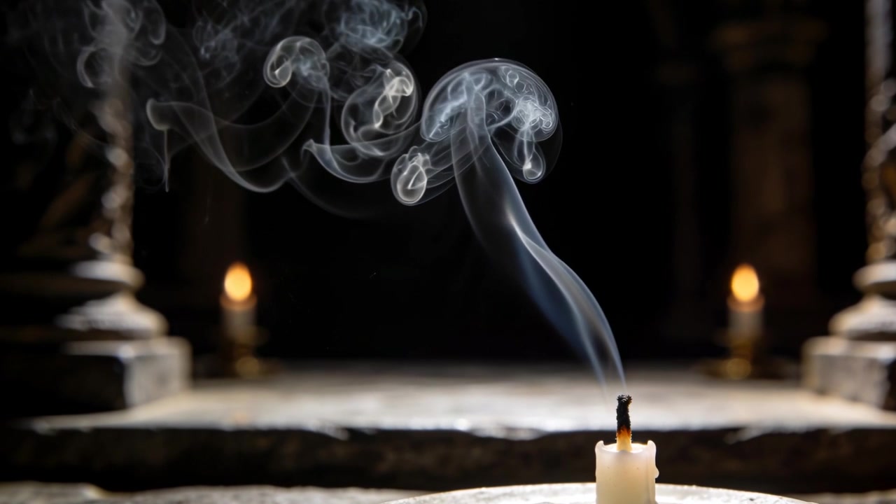 Rising smoke plume curling into rings over pillar candle on stone slab after wick snuffing