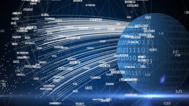 Animation of network of connections with digital words over globe in background