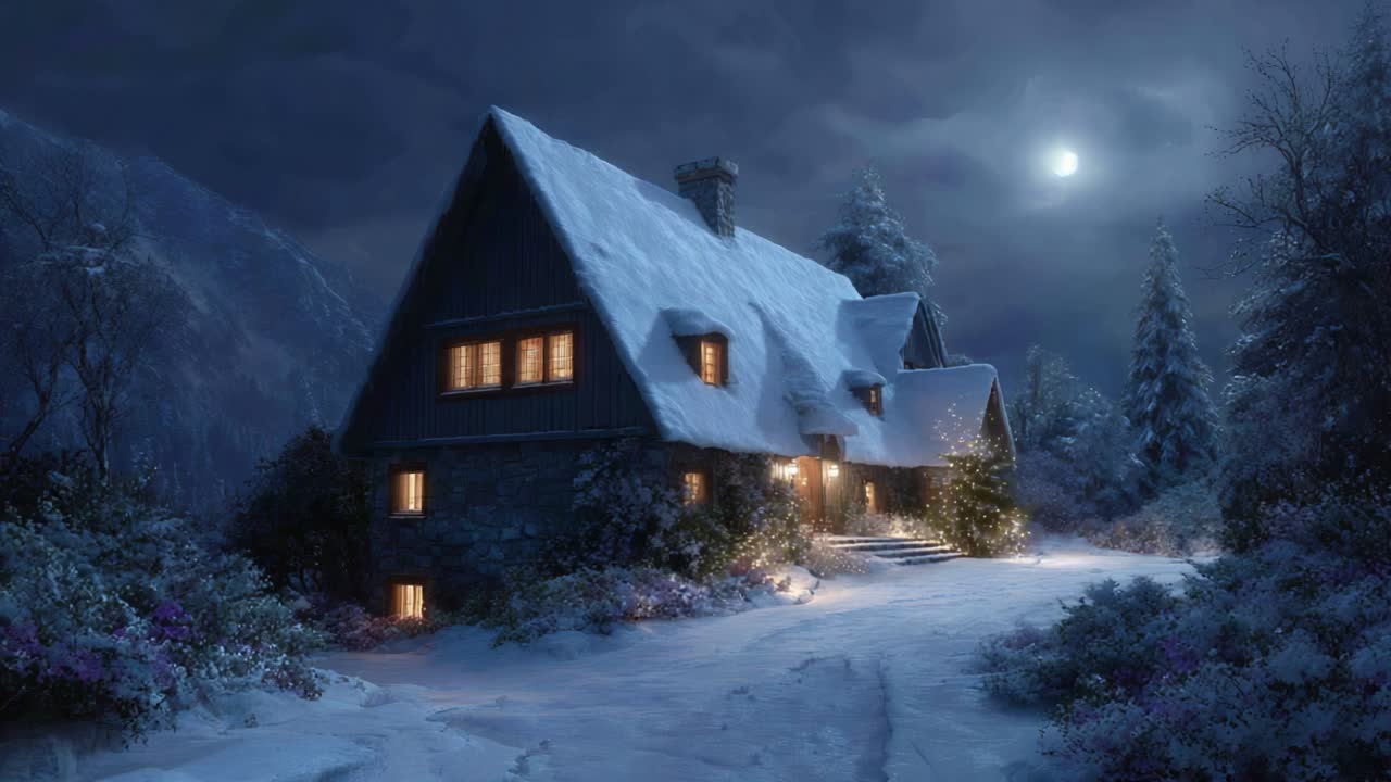 A Cozy Winter Evening: A Snow-Covered House Bathed in Soft Moonlight Surrounded by Serene Landscapes Evoking Peace and Warmth in a Winter Wonderland Scene
