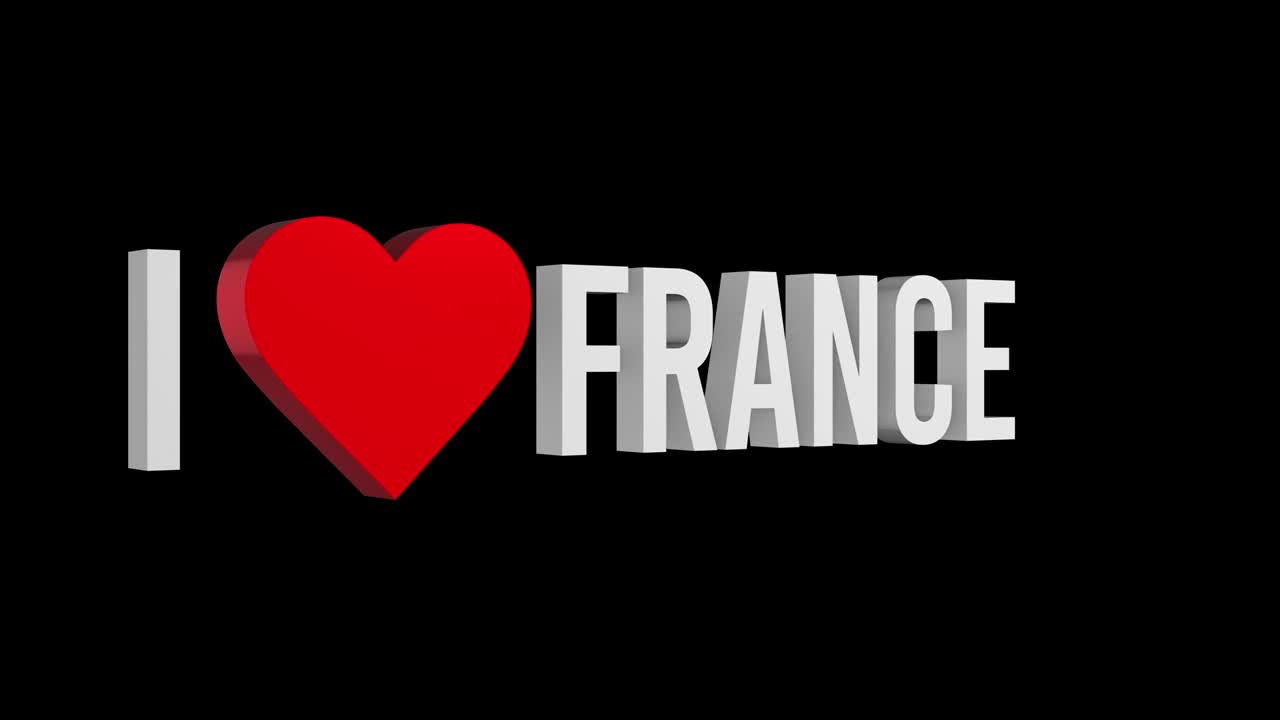 I love France. Text and heart 3d. Alpha channel