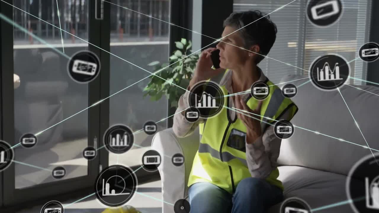 animación de una red de conexiones con iconos sobre una mujer caucásica usando un teléfono inteligente