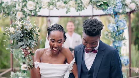 couple, flower confetti and outdoor wedding