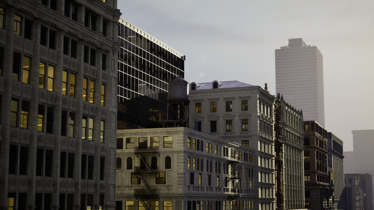 Historic buildings reflect urban skyline at dusk in downtown area