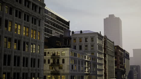 historic buildings reflect urban skyline at dusk in downtown area