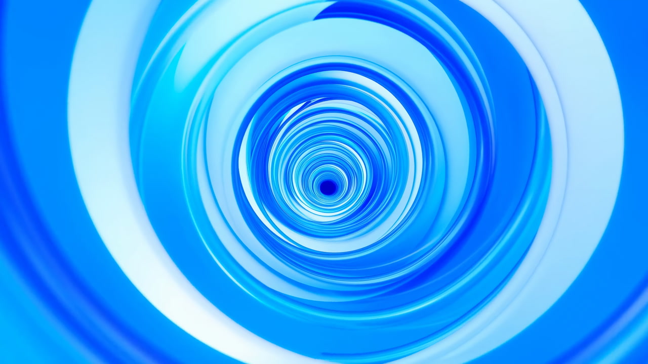 Blue Glossy Spiral Tunnel Rotating With Silky Waves And Concentric Rings, Soothing Aquatic Palette With Glossy