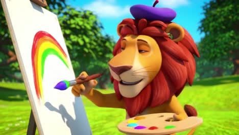 a creative cartoon lion artist painting a bright rainbow on canvas in a lush green landscape, emphasizing imagination and artistry in a fun, playful environment