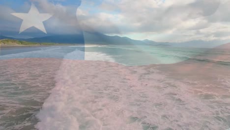 animation of chilean flag waving over sunny seaside