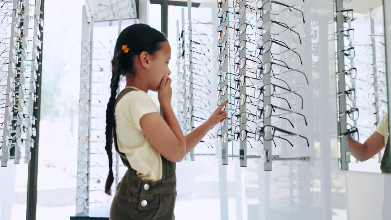 Optometry, store and girl with options
