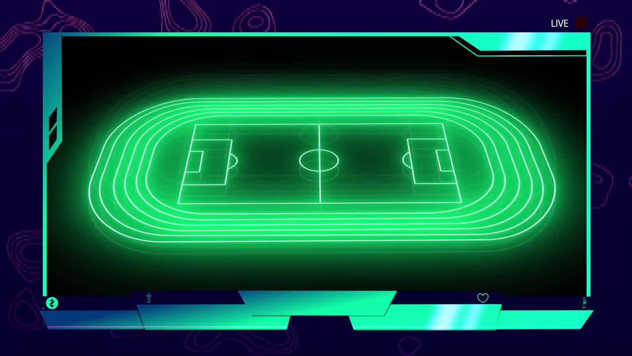Animating glowing green stadium layout over dark background with live stream indicators