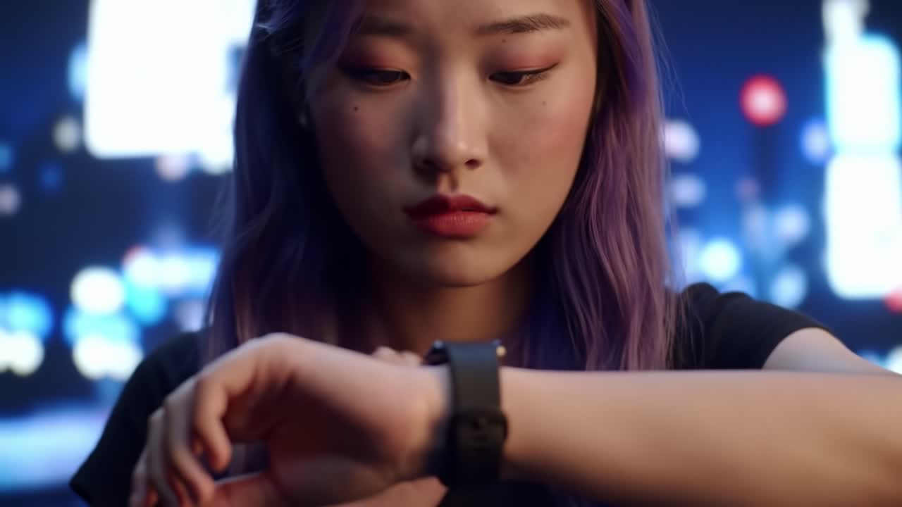 A Young Woman with Purple Hair Checking Her Smartwatch Against a Colorful Urban Background, Capturing the Blend of Technology and Fashion in Modern Life