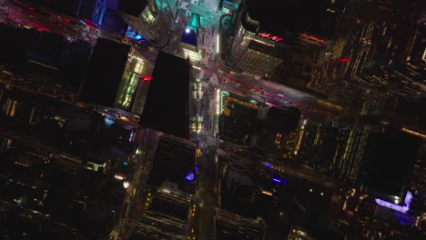 Aerial-birds-eye-overhead-top-down-view-of-streets-and-buildings-at-Times-Square.-Entertaining-centre-in-night-city.-Manhattan,-New-York-City,-USA